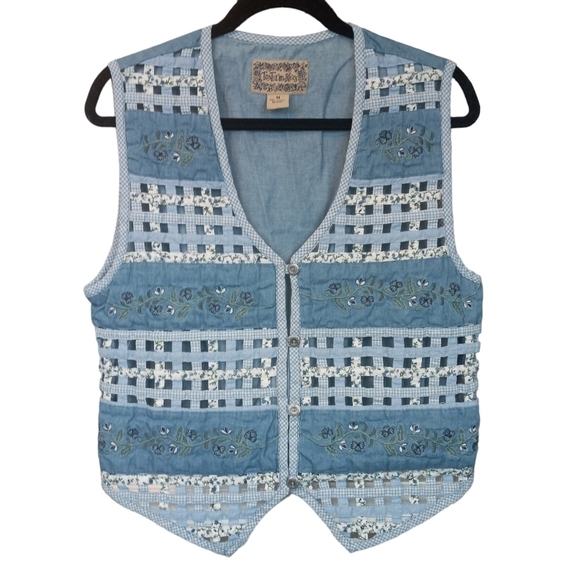 Tantrum Blues Vintage Floral Embroidered Lattice Country Vest Size Medium - Picture 1 of 9